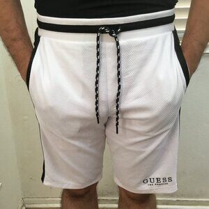 GUESS Men's Sport Relaxed Shorts Elastic Waist Striped Bermuda Logo Pocket Wht M